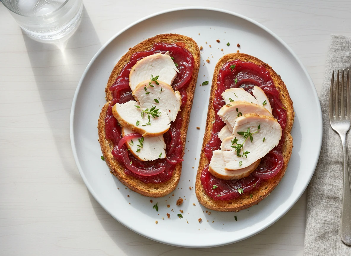 Toast with Onion Chutney and Turkey Slices photo