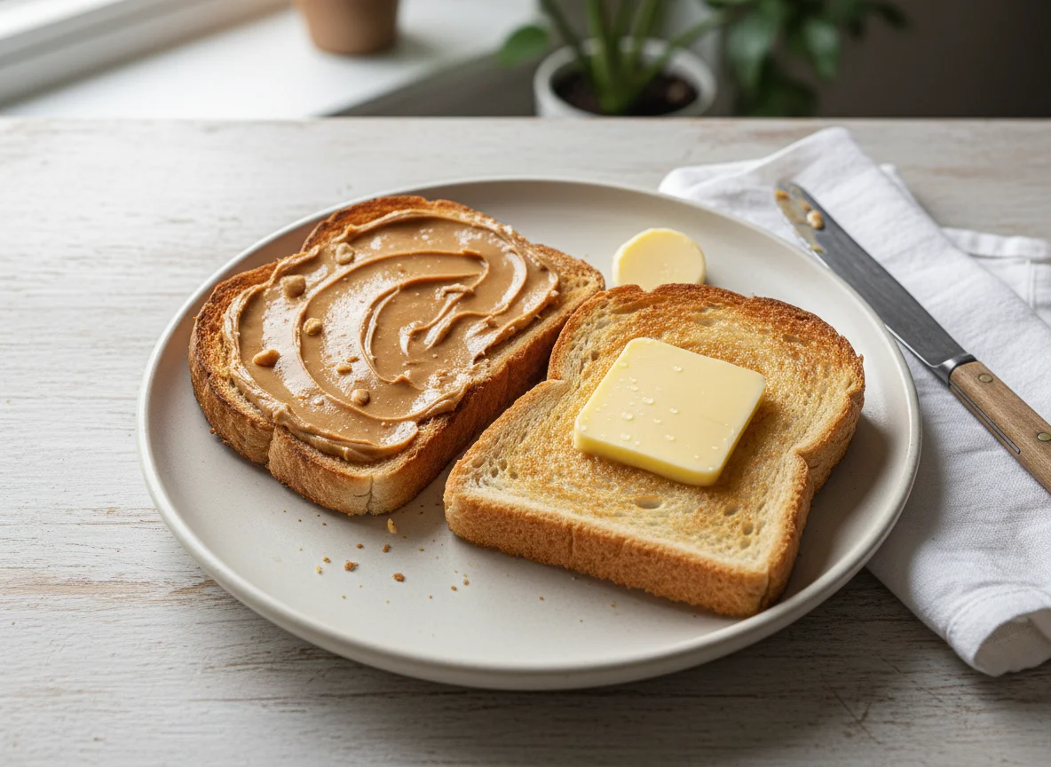 Toast with Peanut Butter and Butter photo