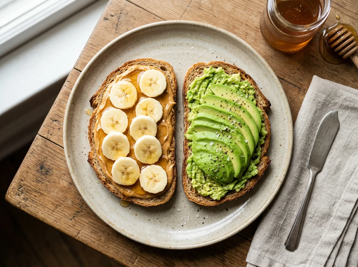 Toast with Peanut Butter, Banana, Honey and Avocado photo
