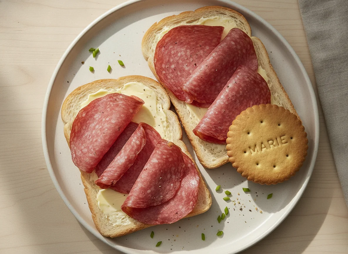 Toast with salami and a biscuit photo