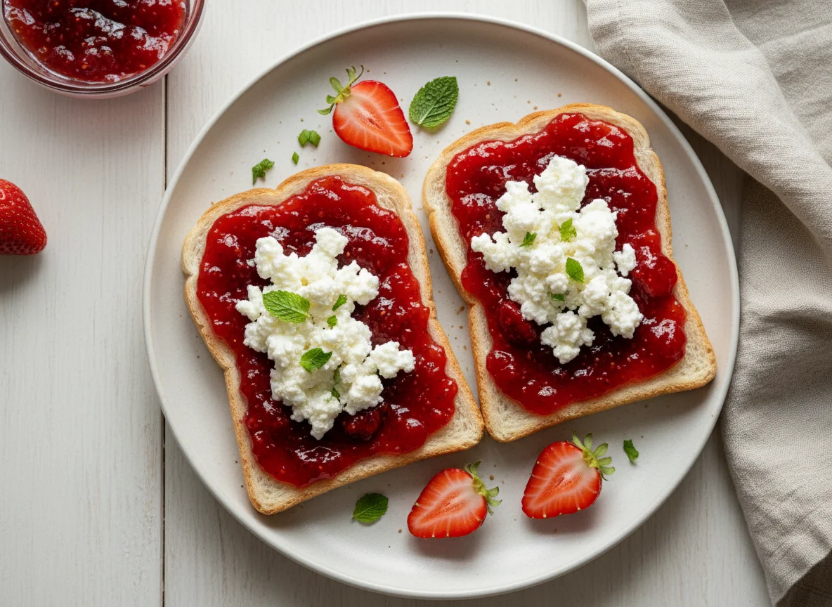 Toast with strawberry jam and cottage cheese photo