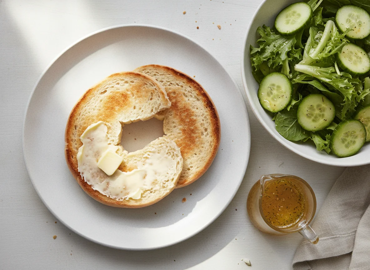 Toasted bagel with butter and side salad photo