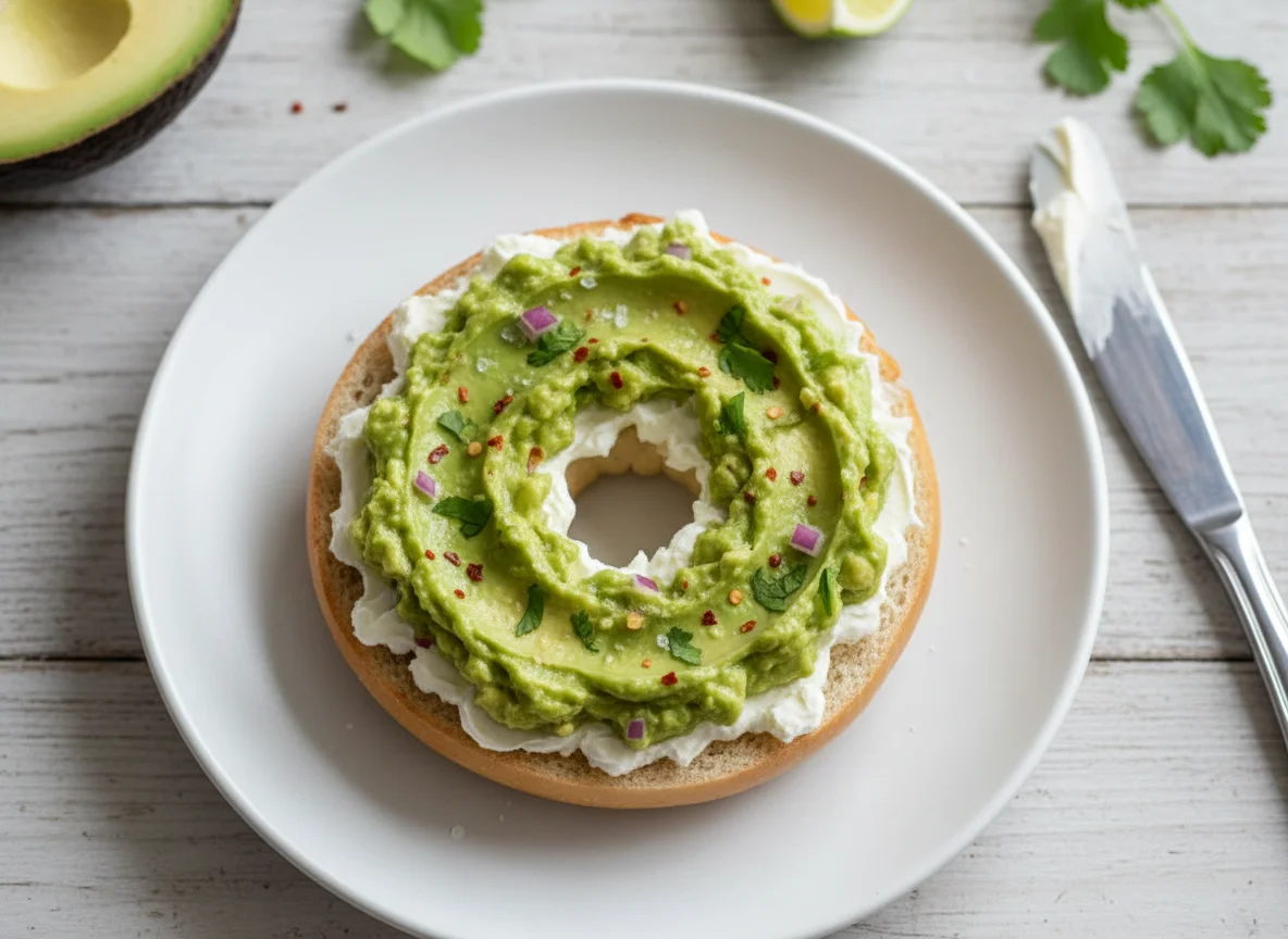 Toasted Bagel with Cream Cheese and Guacamole photo