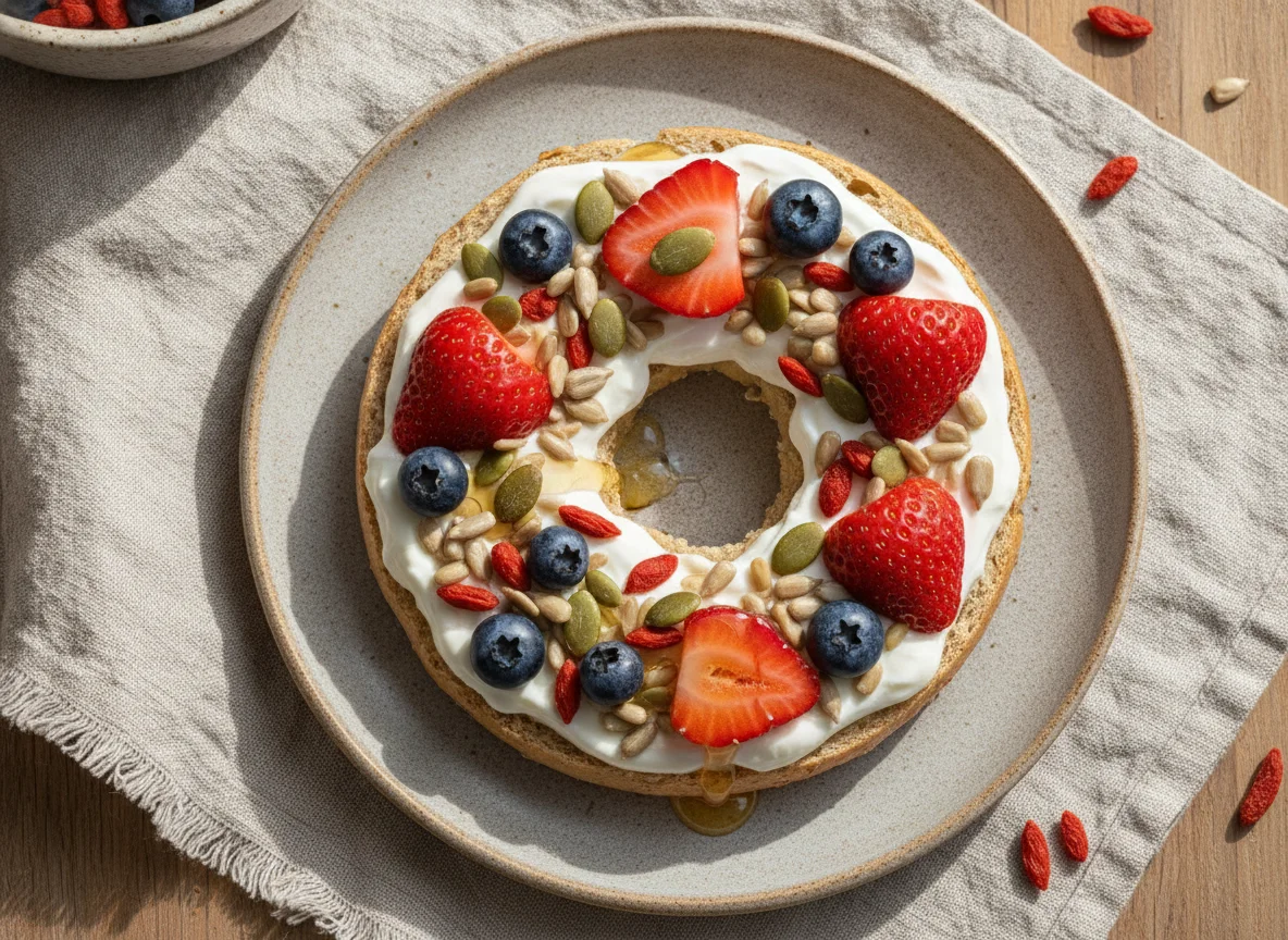 Toasted bagels with yogurt, berries, and seeds photo