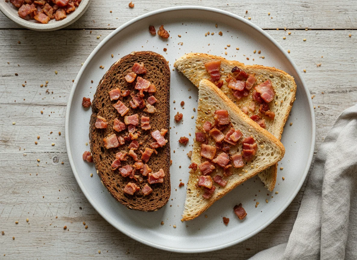 Toasted bread with bacon bits photo