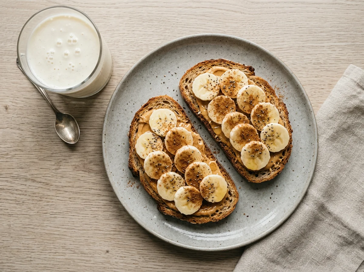 Toasted bread with banana and cinnamon, served with kefir photo