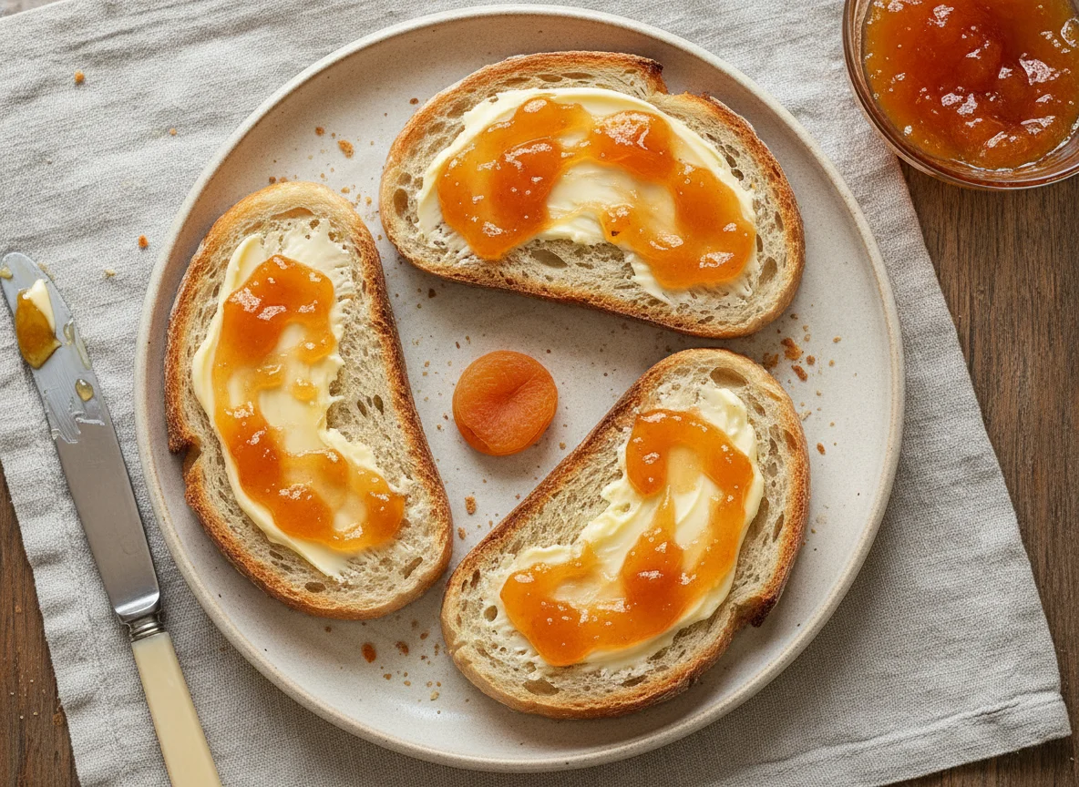 Toasted bread with butter and apricot jam photo