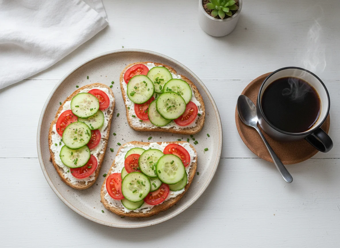 Toasted bread with cream cheese, cucumber, and tomato photo