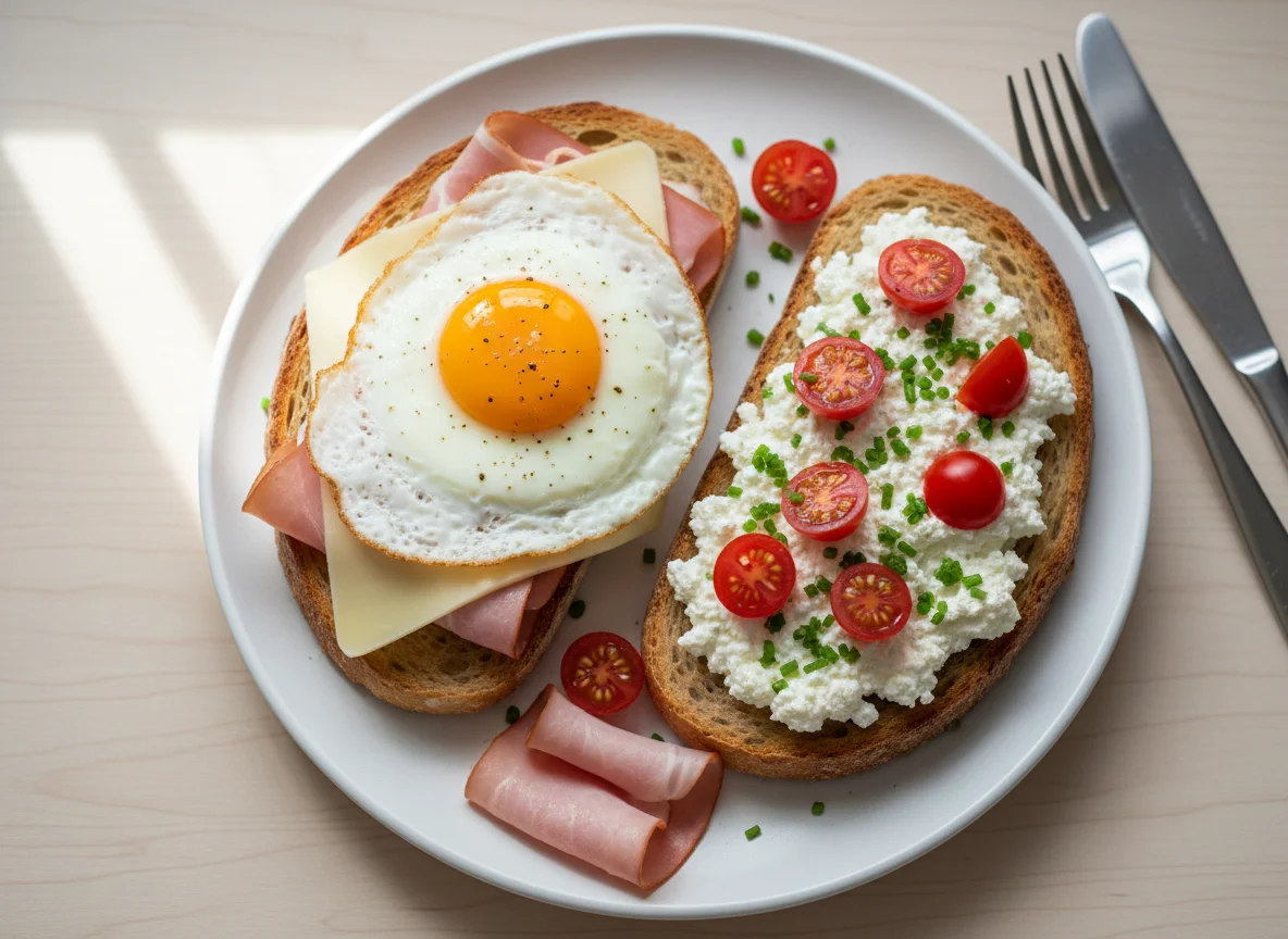 Toasted bread with fried egg, ham, cheese, cottage cheese and tomatoes photo