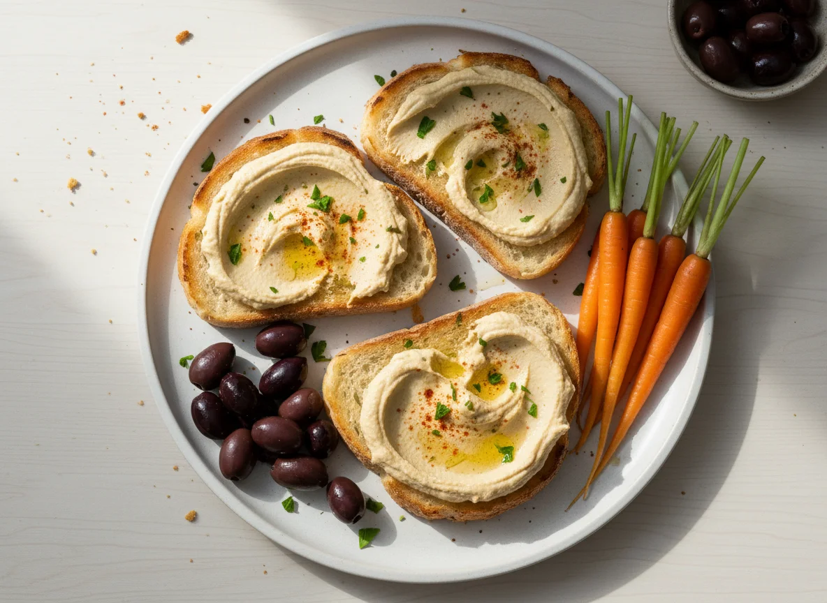 Toasted Bread with Hummus, Olives, and Baby Carrots photo