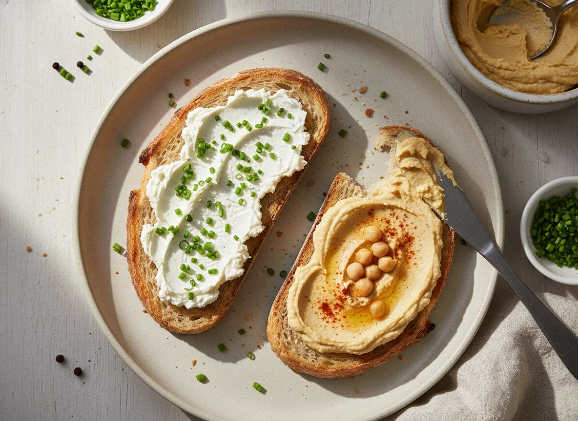 Toasted bread with spreads photo