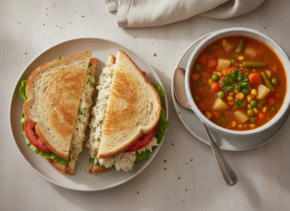 Toasted Chicken Salad Sandwich with Soup photo