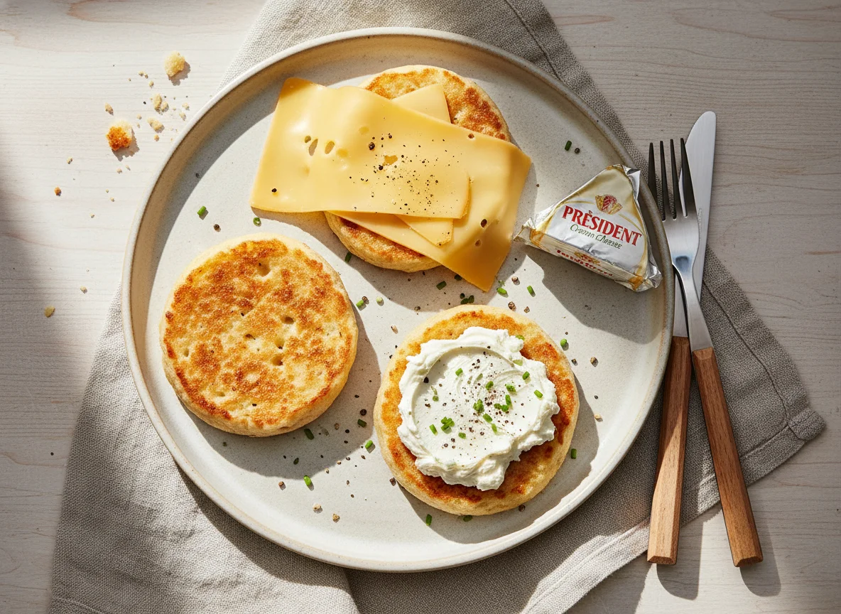 Toasted Crumpets with Cheese and Cream Cheese photo