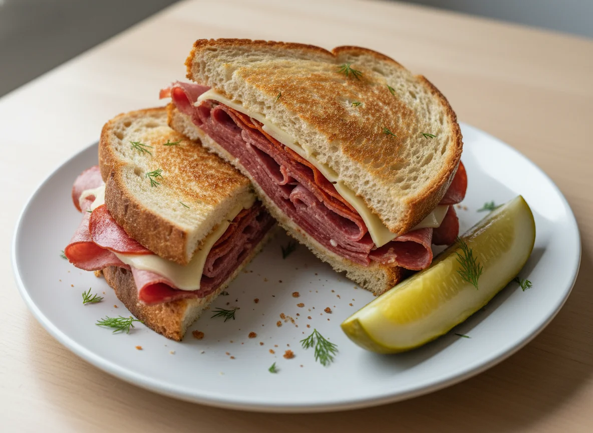 Toasted Deli Meat Sandwich with Pickle photo
