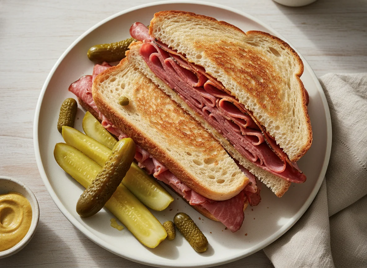 Toasted Deli Meat Sandwich with Pickles photo