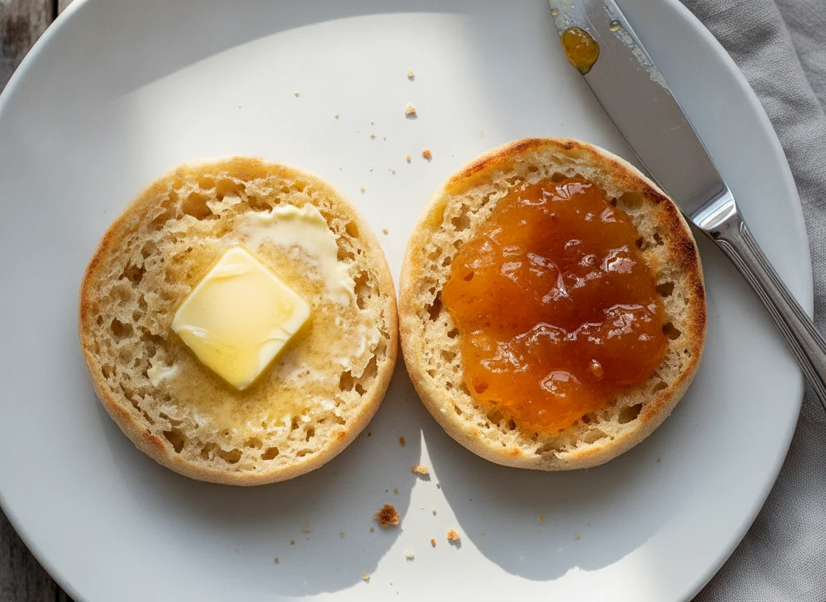 Toasted English Muffin with Butter and Jam photo