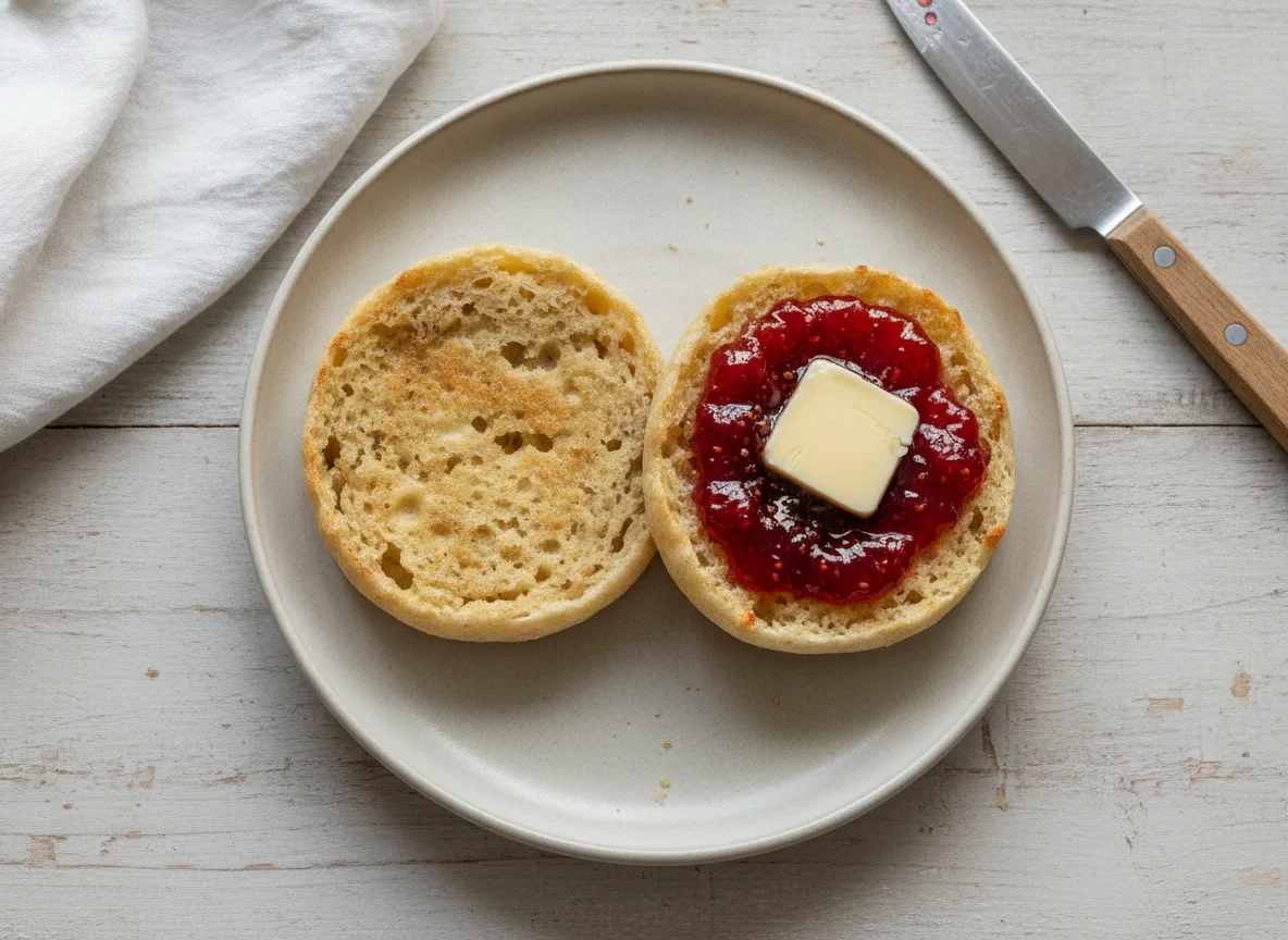 Toasted English Muffin with Jam and Butter photo