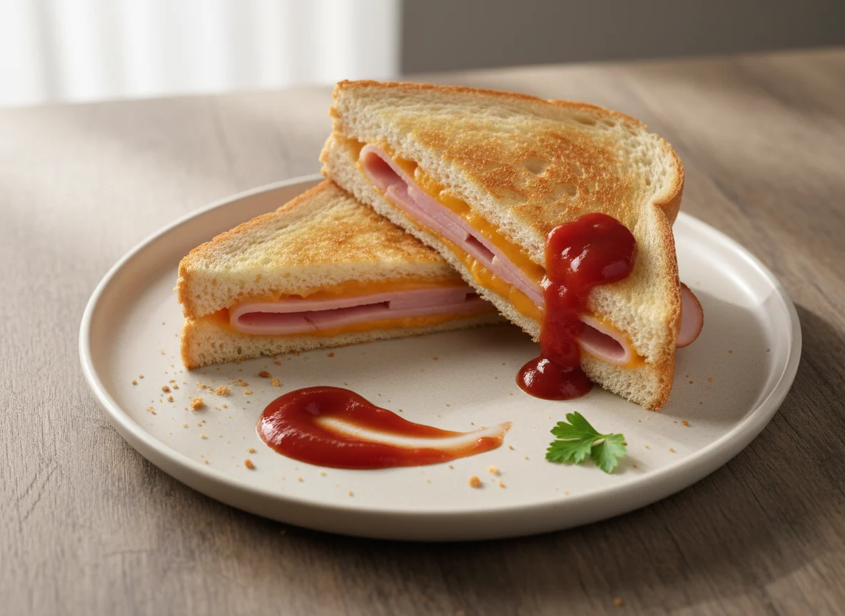 Toasted Ham and Cheese Sandwich with Ketchup photo