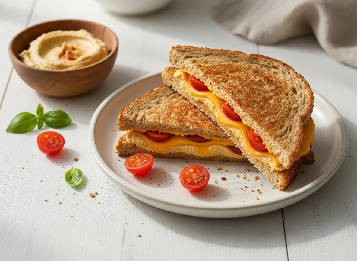 Toasted Sandwich with Hummus, Cheese, and Tomatoes photo