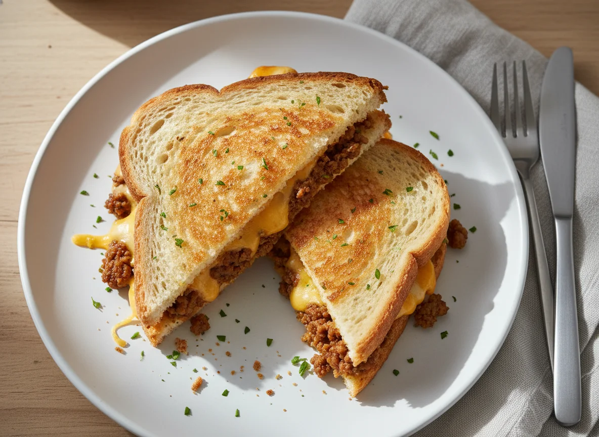 Toasted sandwich with savoury mince filling photo