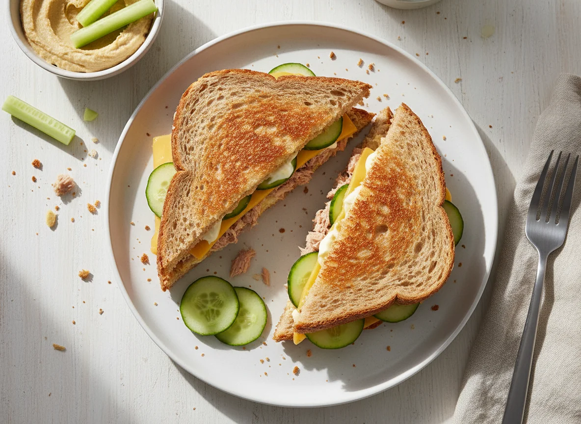 Toasted Tuna Sandwich with Cheese, Hummus and Cucumber photo