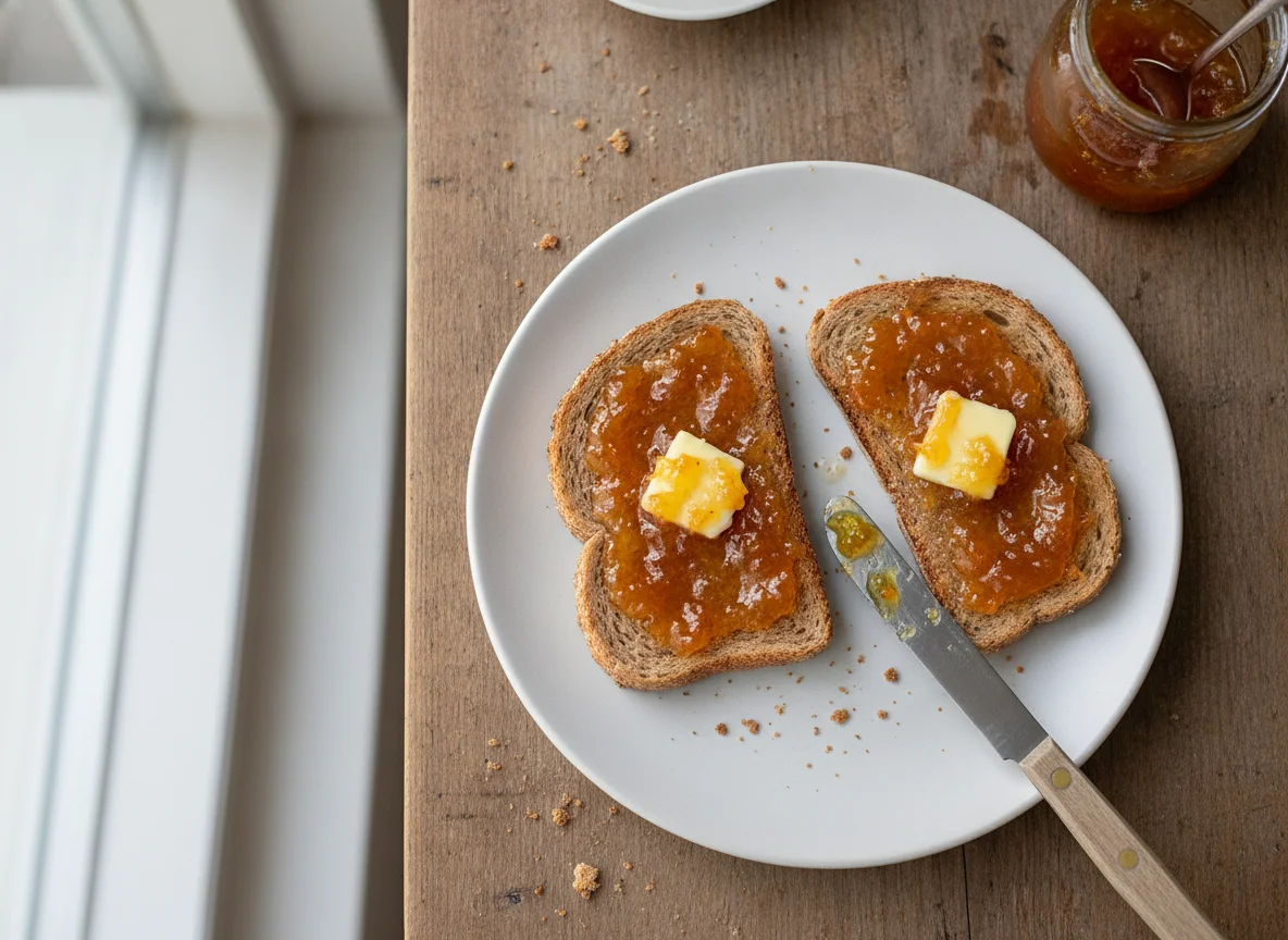Toasted wholemeal bread with butter and marmalade photo