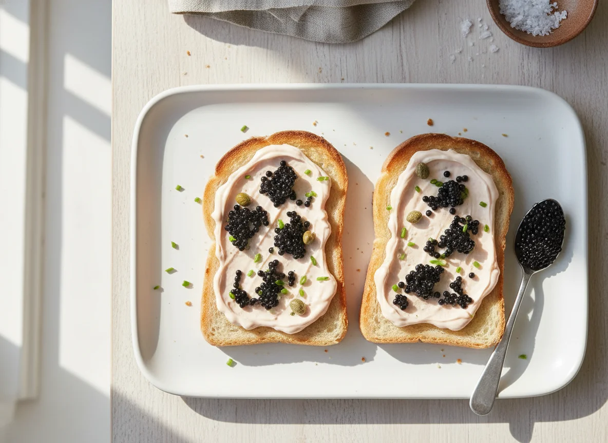 Toasts with pink sauce and possibly caviar photo