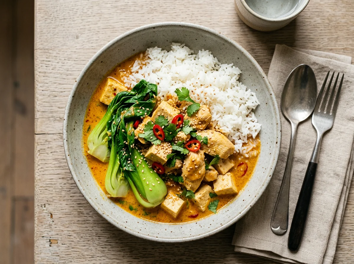 Tofu and Chicken Curry with Bok Choy and Rice photo
