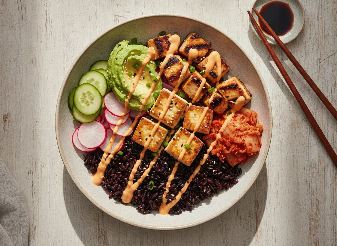 Tofu and Chicken Poke Bowl with Black Rice photo