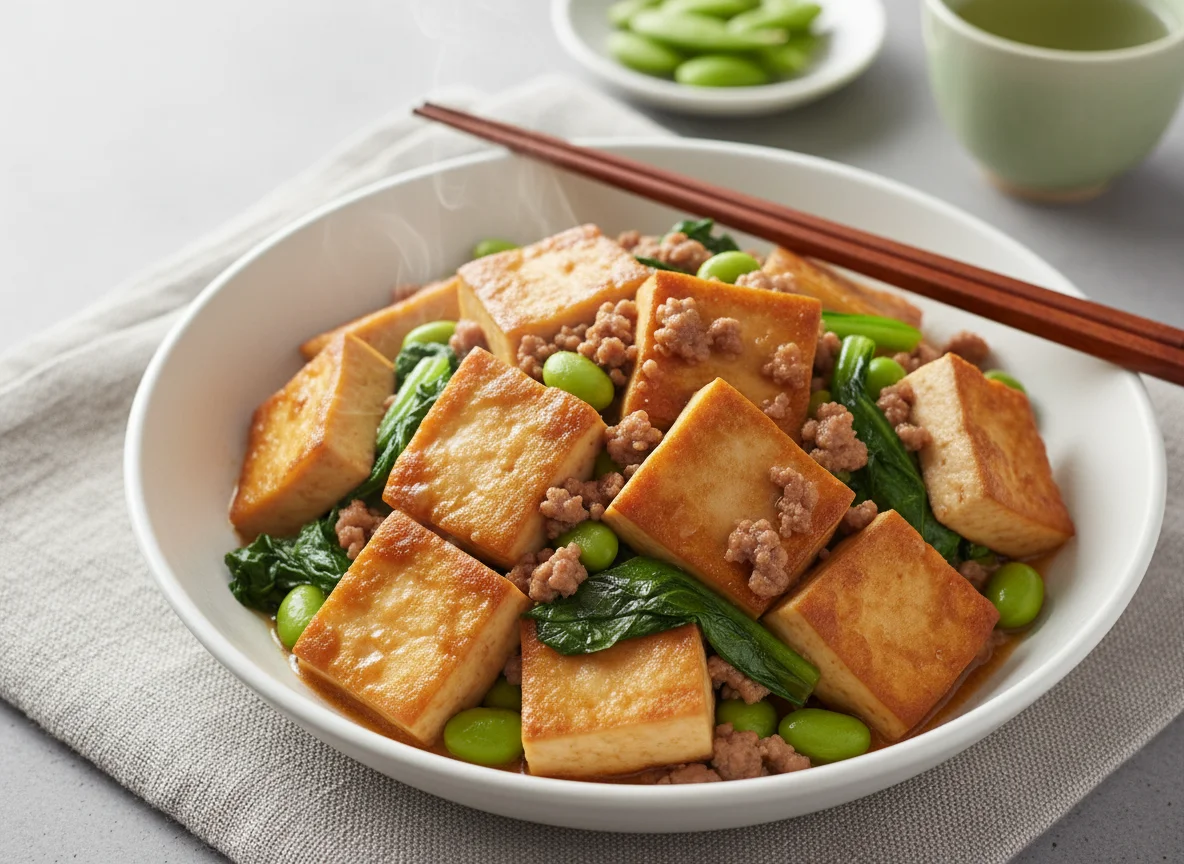 Tofu and Ground Meat Stir-fry with Edamame and Greens photo