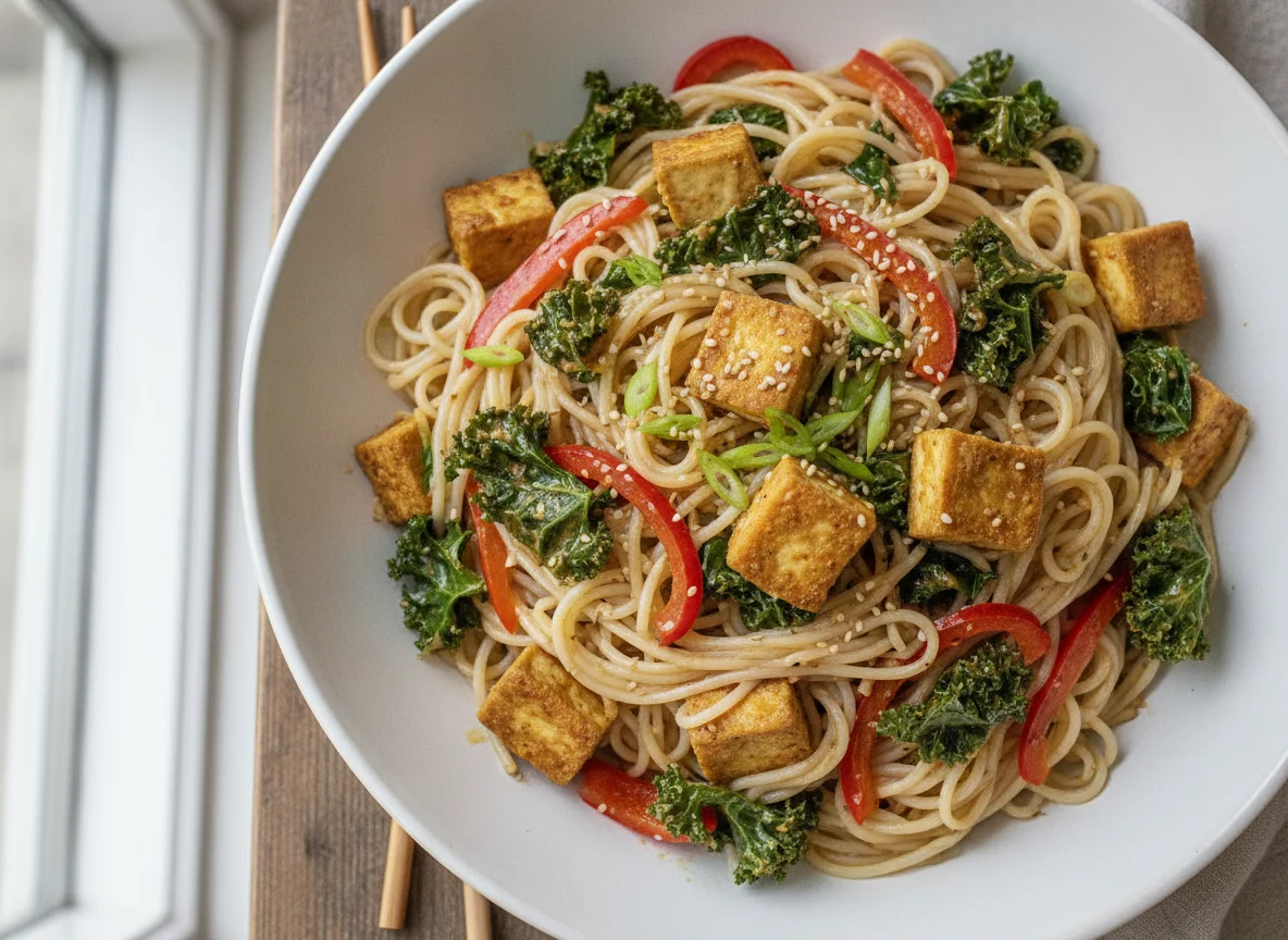 Tofu and Kale Stir-fry with Rice Noodles photo