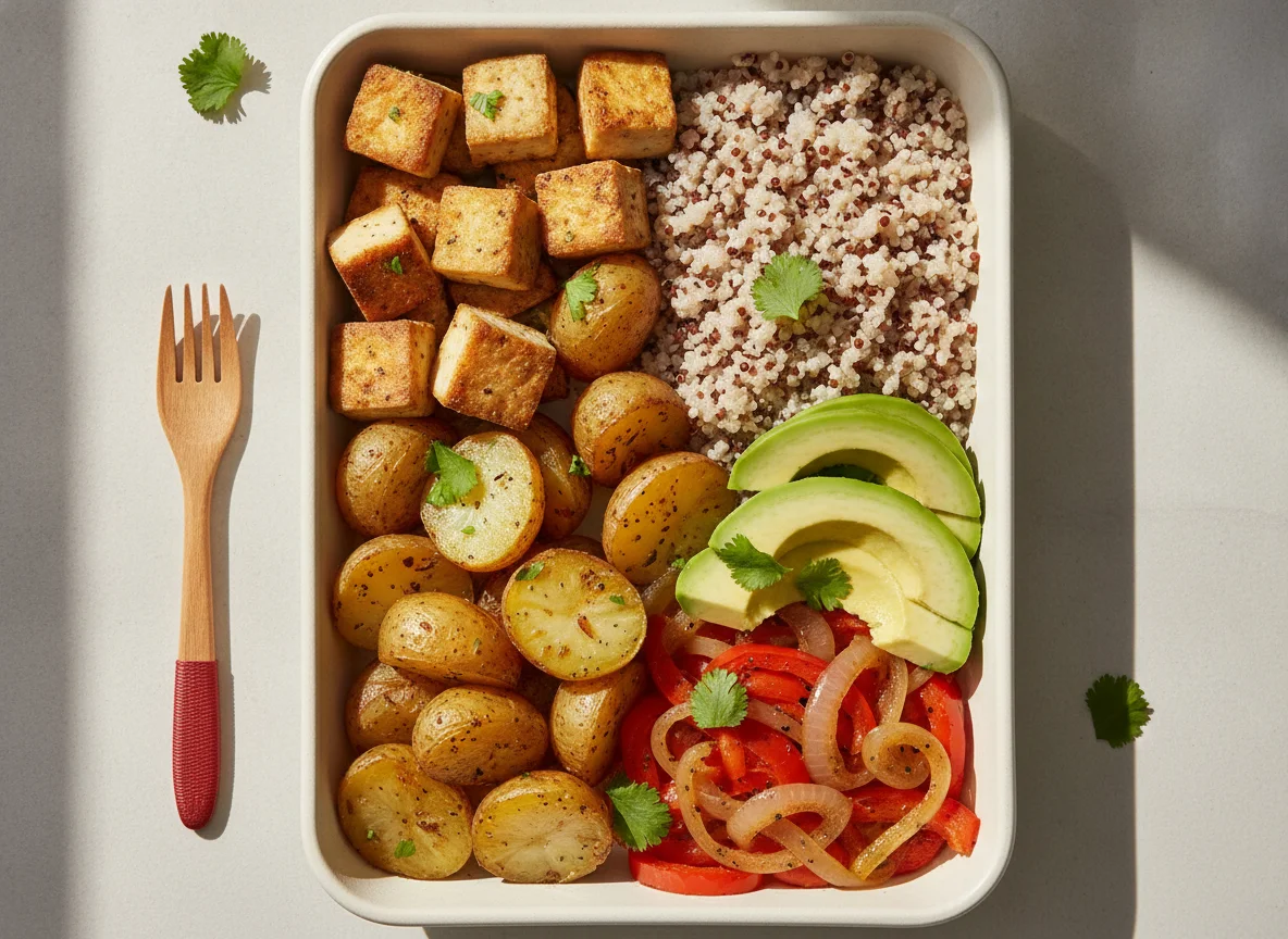 Tofu and Potato Lunch Box with Quinoa and Avocado photo