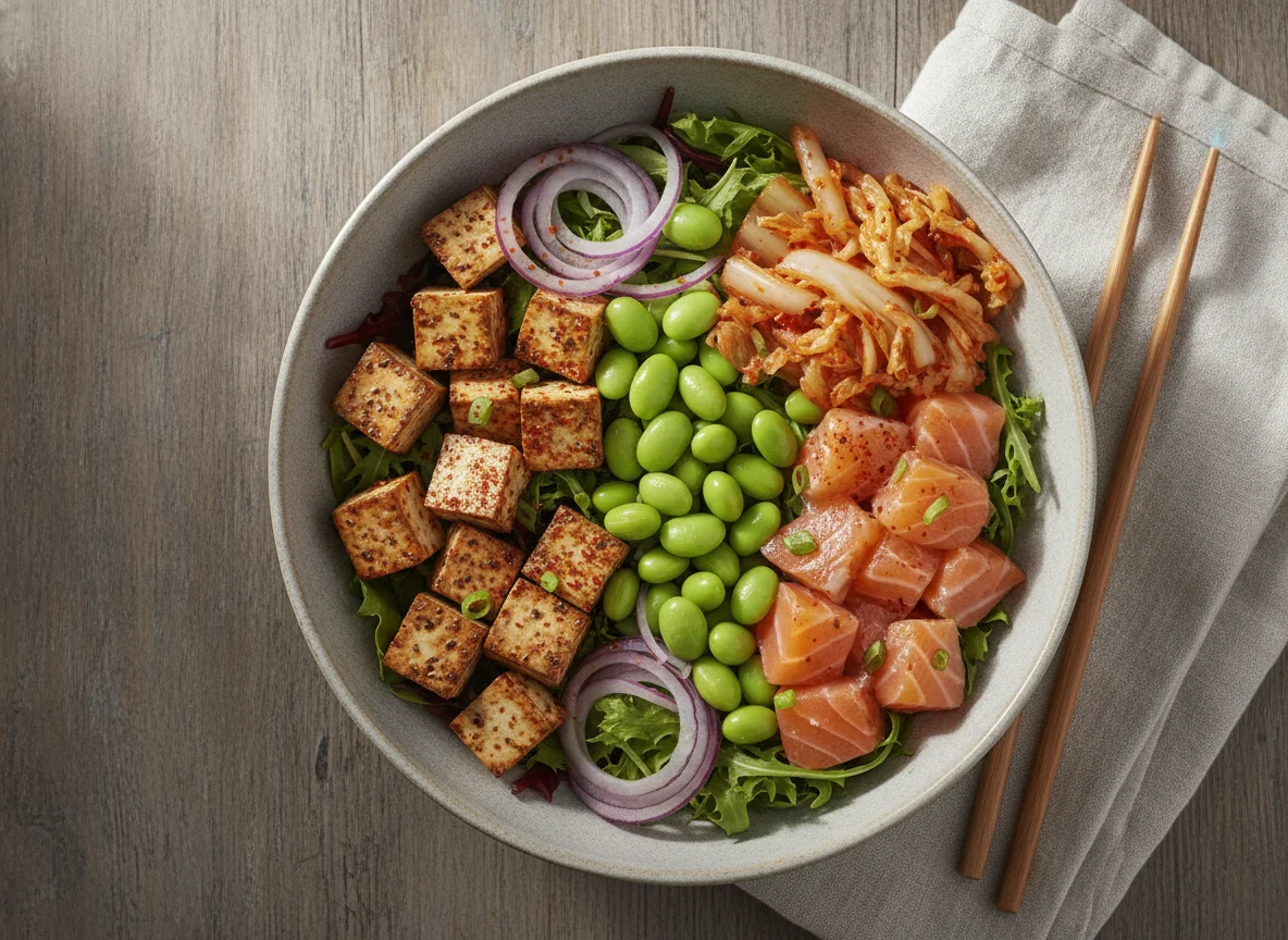Tofu and Salmon Poke Bowl with Kimchi photo
