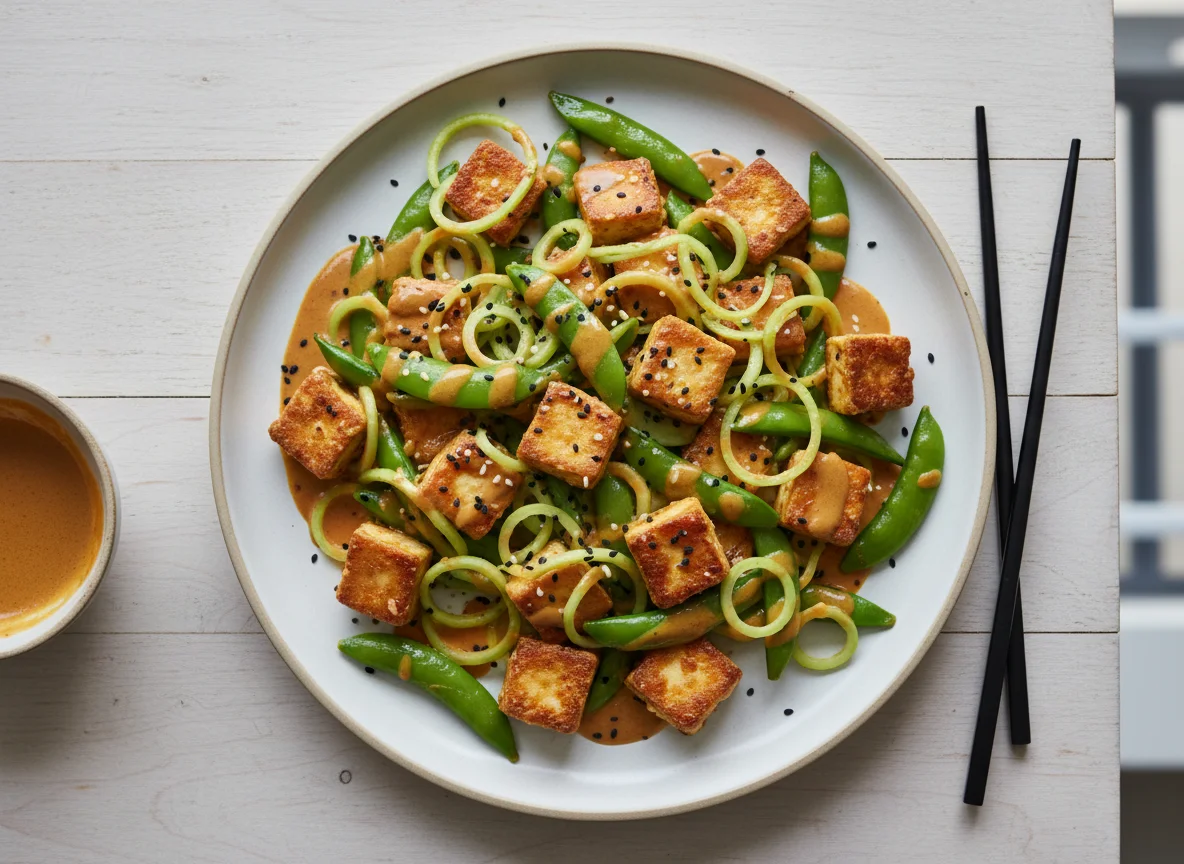 Tofu and Sugar Snap Pea Stir-fry with Kohlrabi and Sauce photo