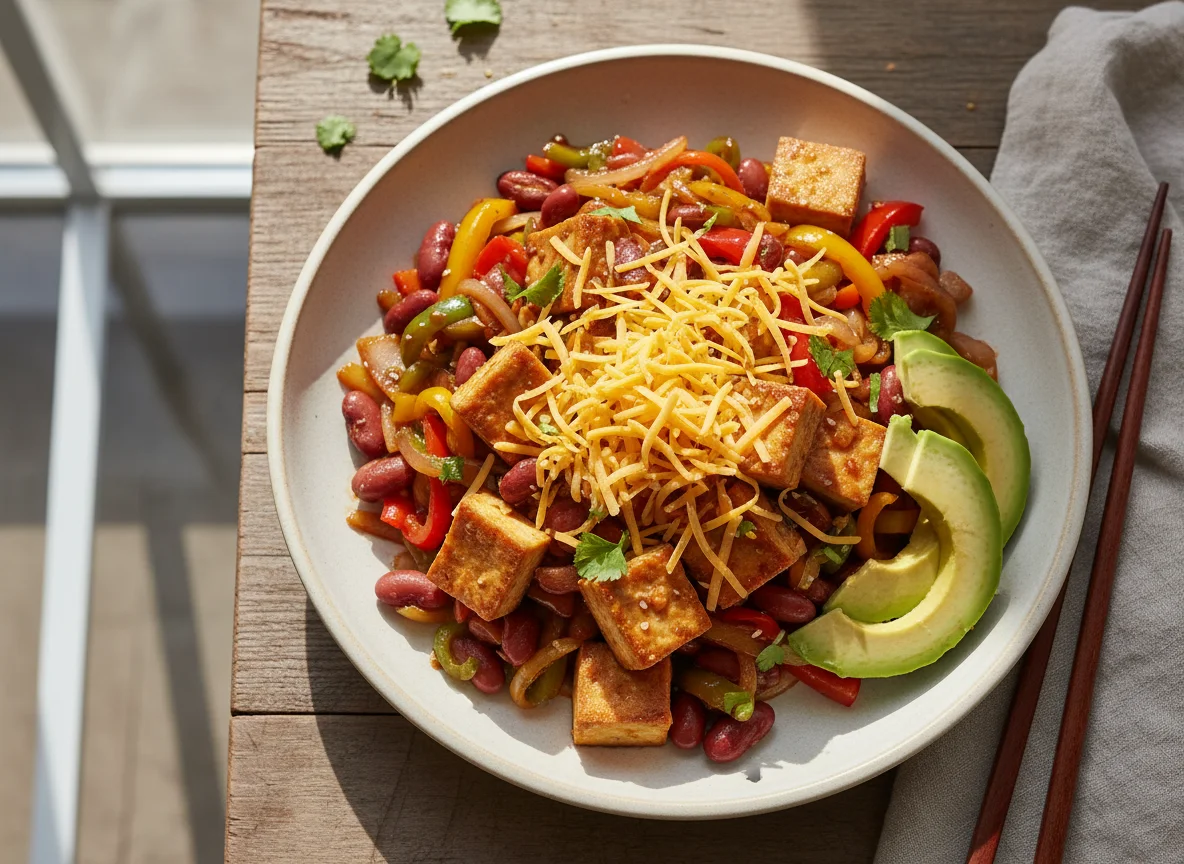 Tofu and Vegetable Stir-fry with Cheese and Avocado photo