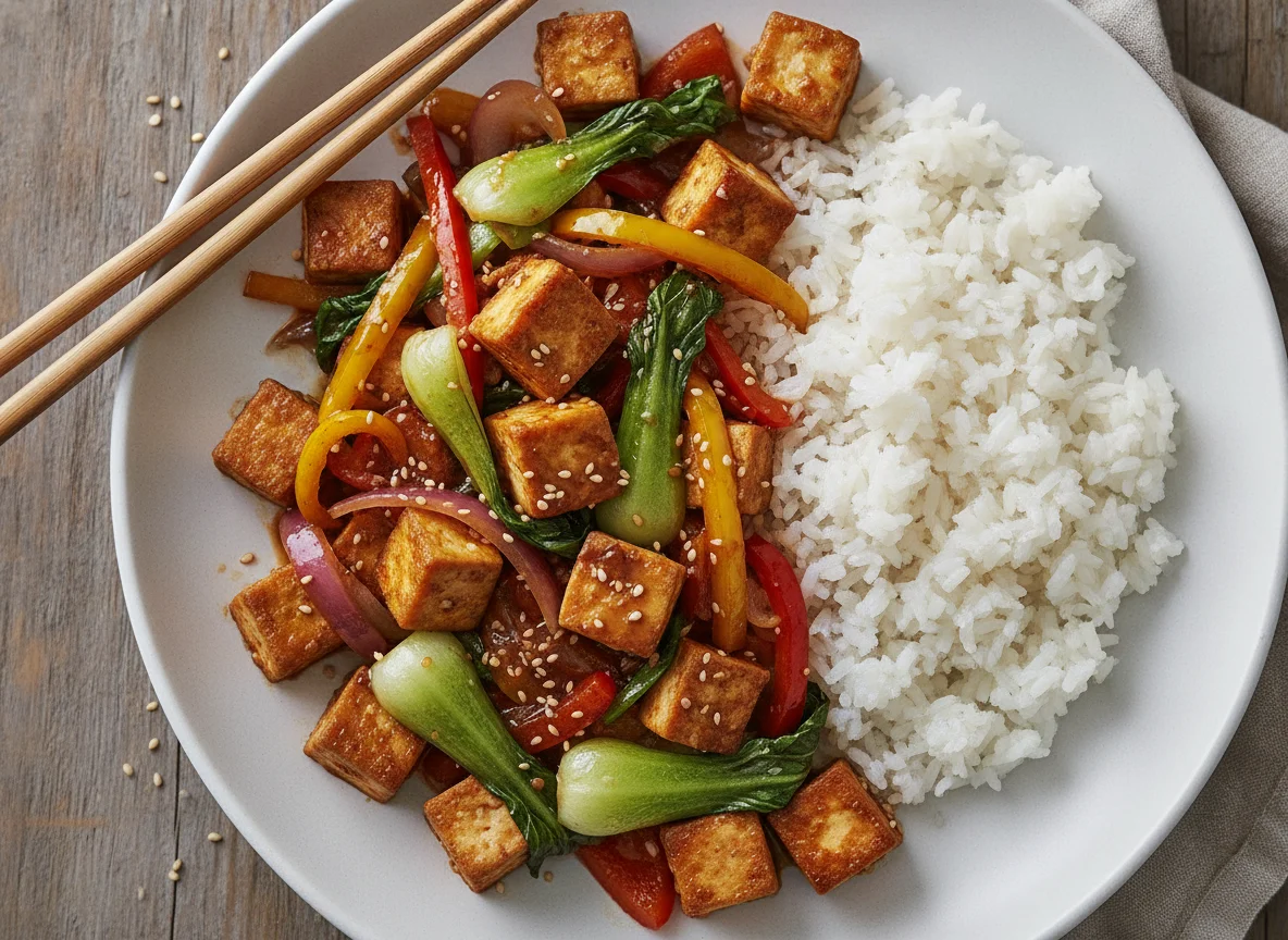 Tofu and Vegetable Stir-fry with White Rice photo