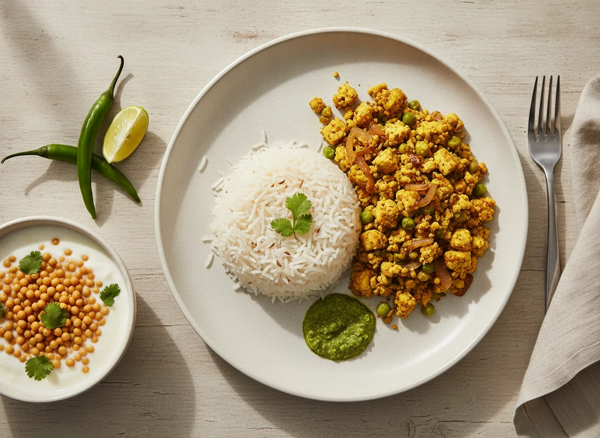 Tofu Bhurji with Basmati Rice and Boondi Raita photo