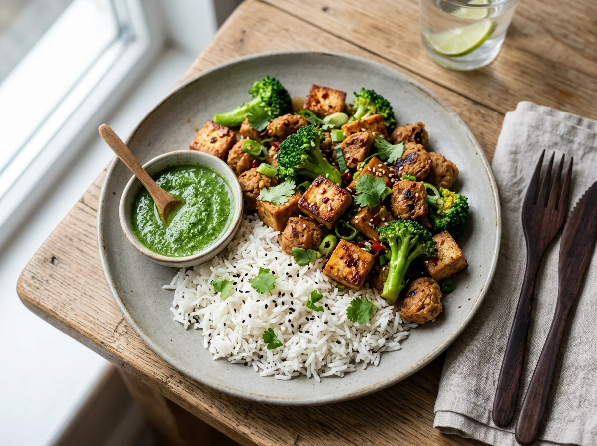 Tofu, Broccoli, and Soy Chunks with Rice photo