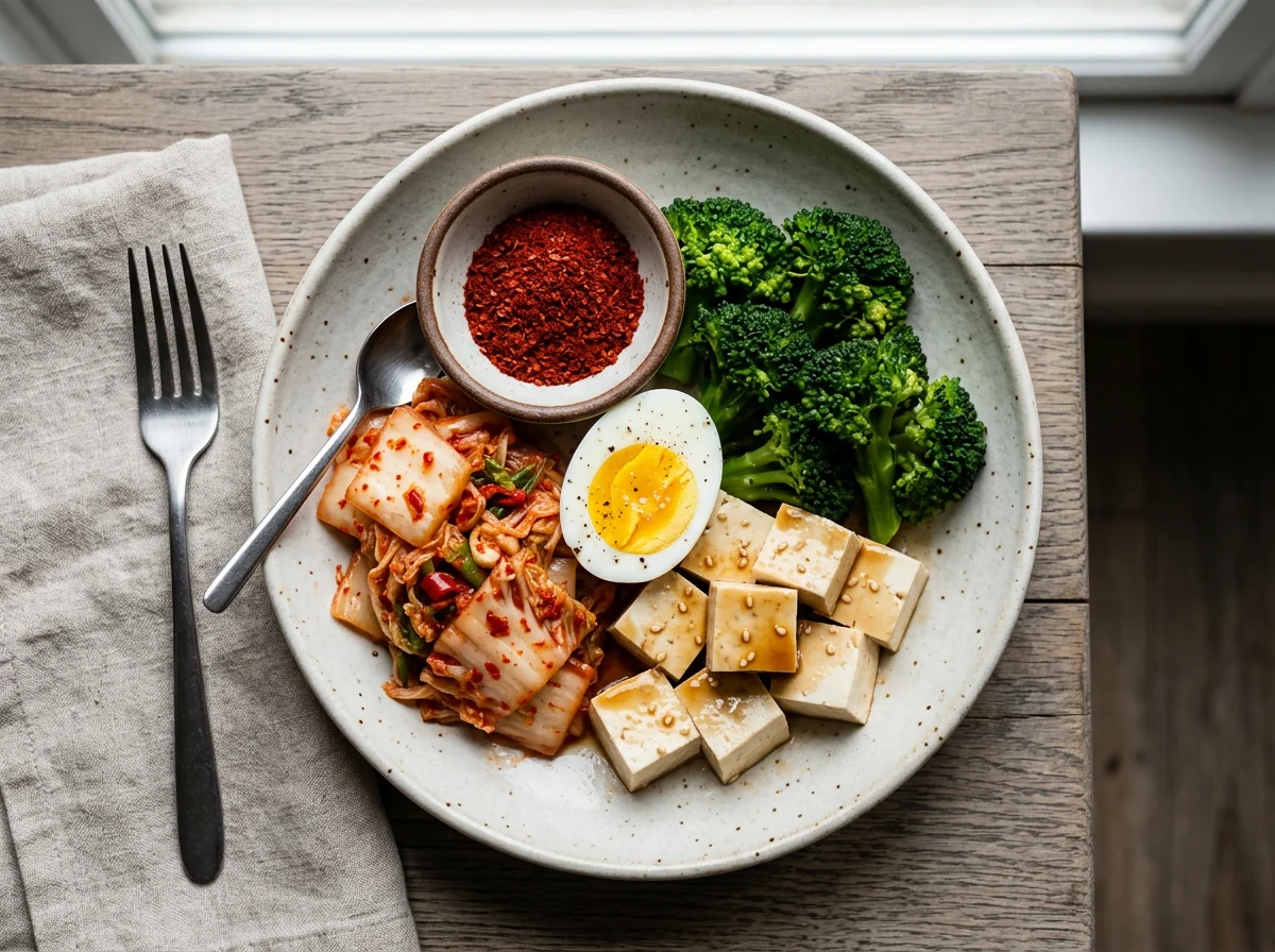 Tofu, Broccoli, Kimchi and Egg Meal photo