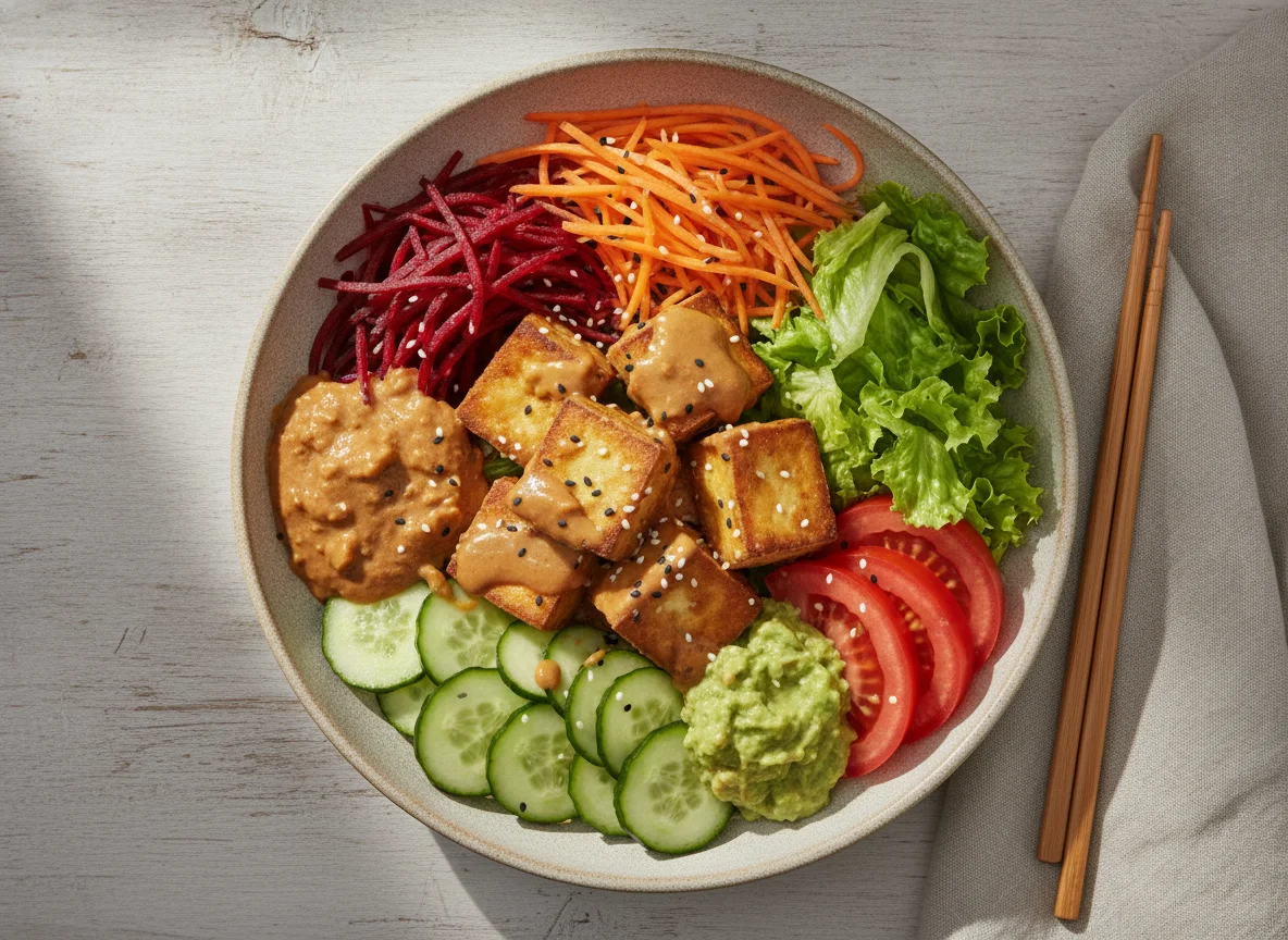 Tofu Buddha Bowl with Satay Sauce and Fresh Vegetables photo