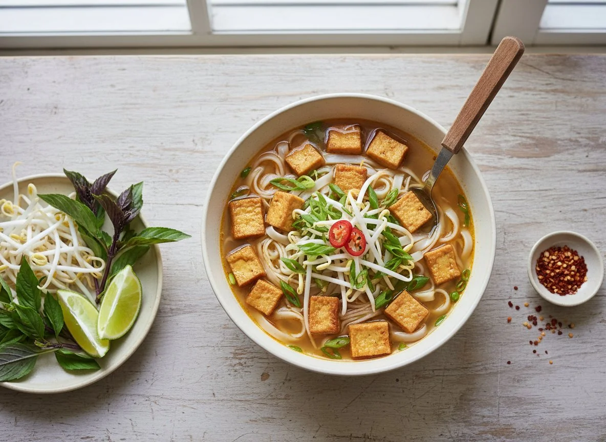 Tofu Noodle Soup with Side Vegetables photo
