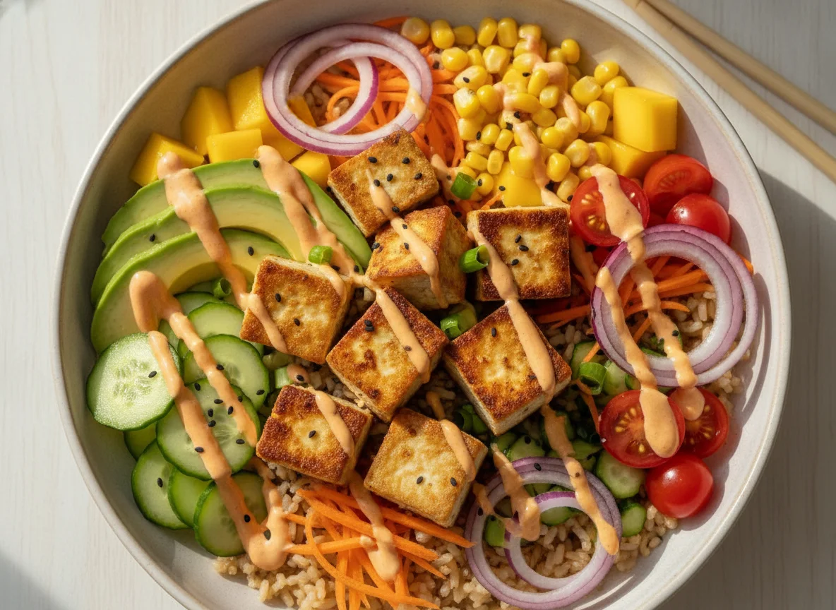 Tofu Poke Bowl with Avocado and Mango photo