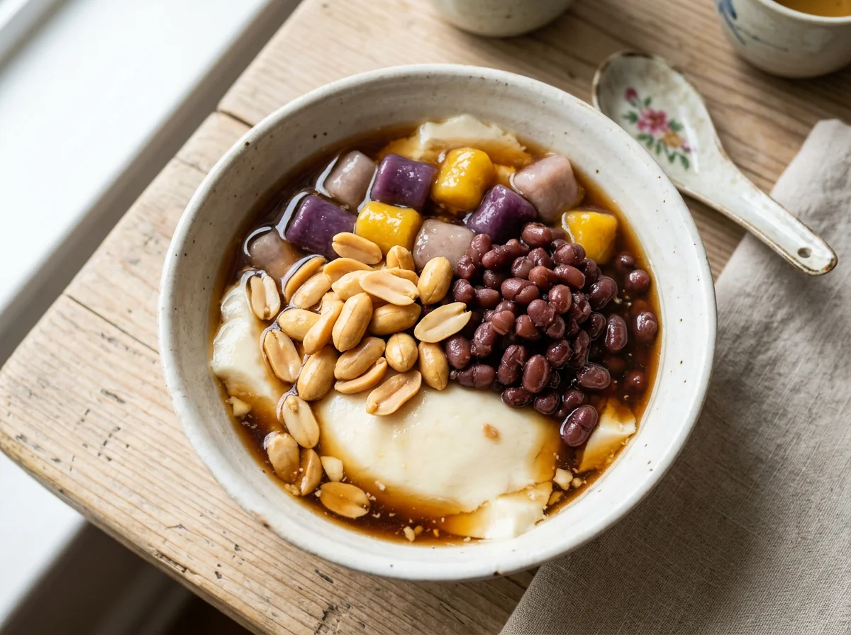 Tofu Pudding with Peanuts, Red Beans, and Taro Balls photo
