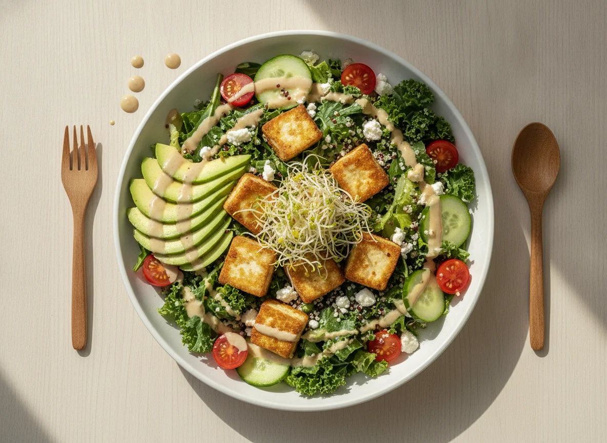 Tofu Salad Bowl with Avocado and Tahini Dressing photo