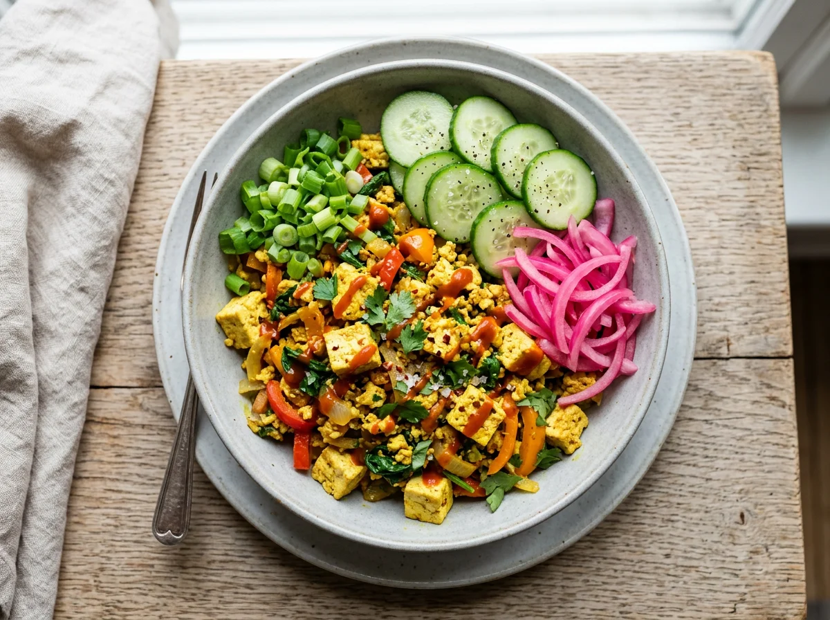 Tofu Scramble Bowl with Pickled Onions and Cucumber photo