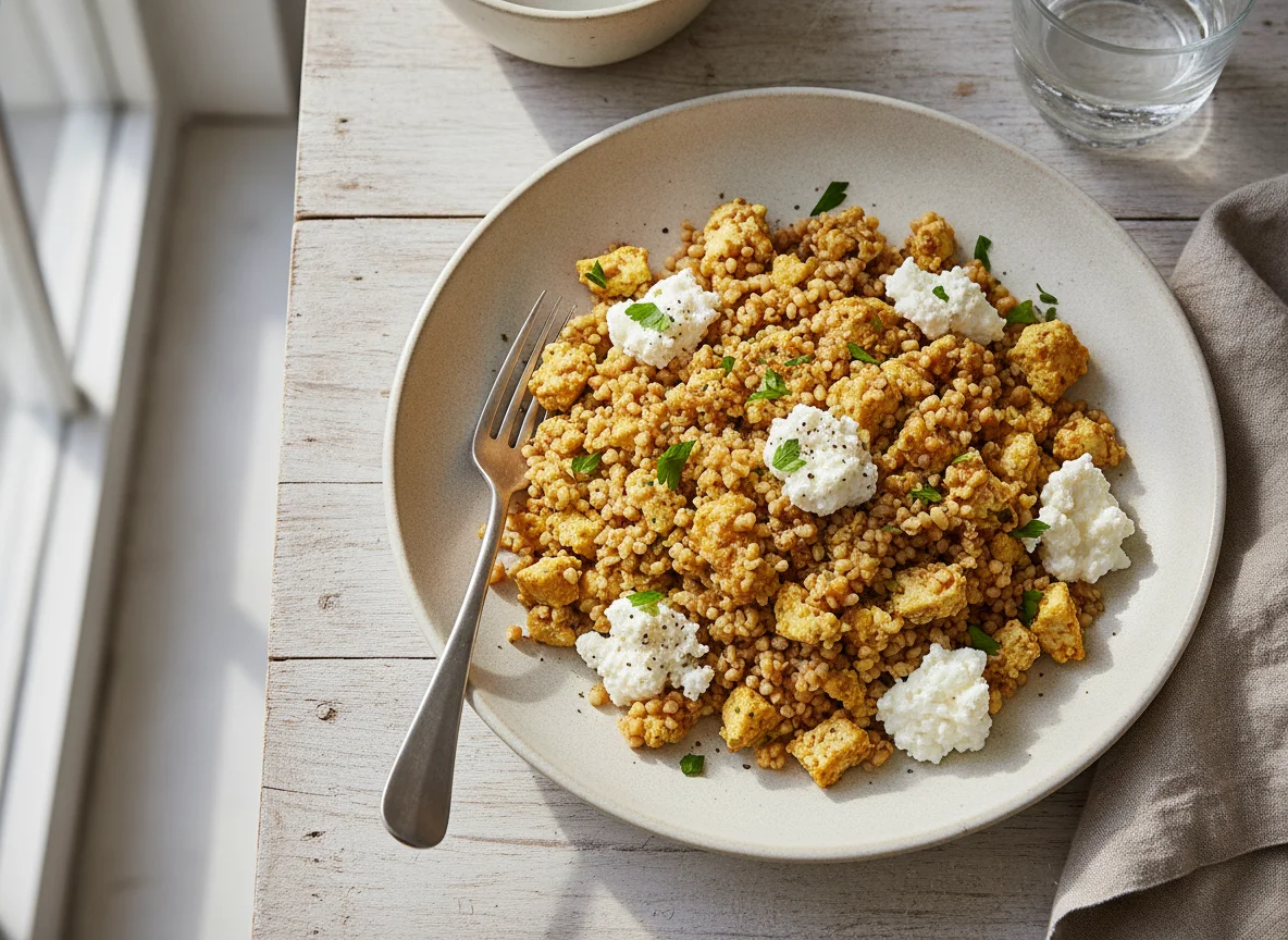 Tofu scramble with bulgur and cottage cheese photo