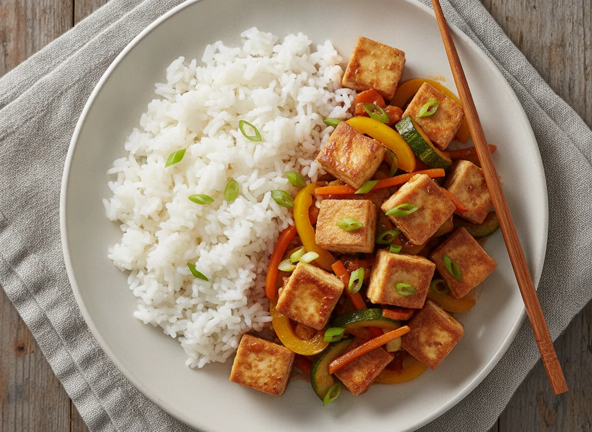 Tofu Stir-fry with Rice and Vegetables photo
