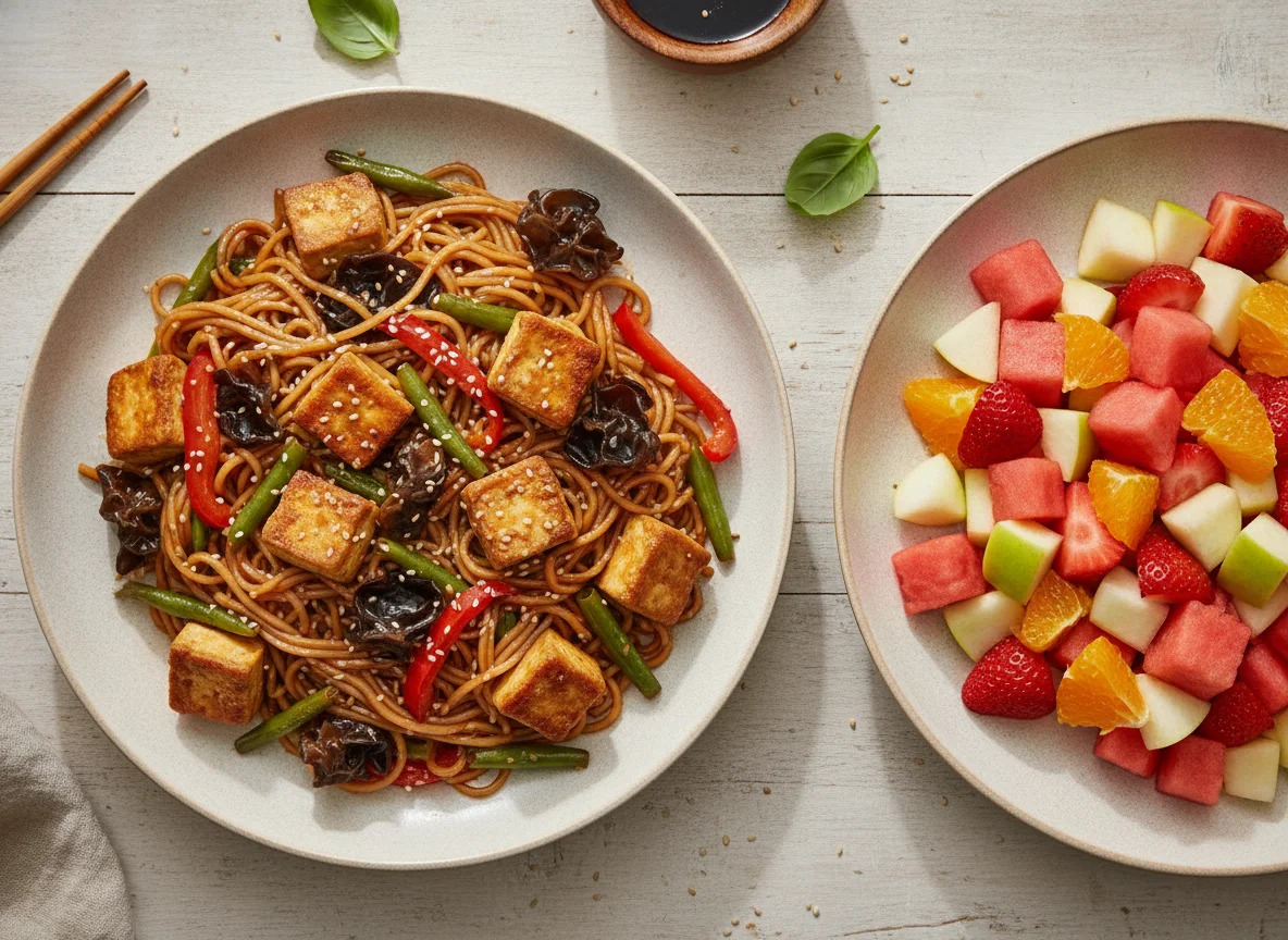 Tofu stir-fry with rice noodles and mixed fruit salad photo