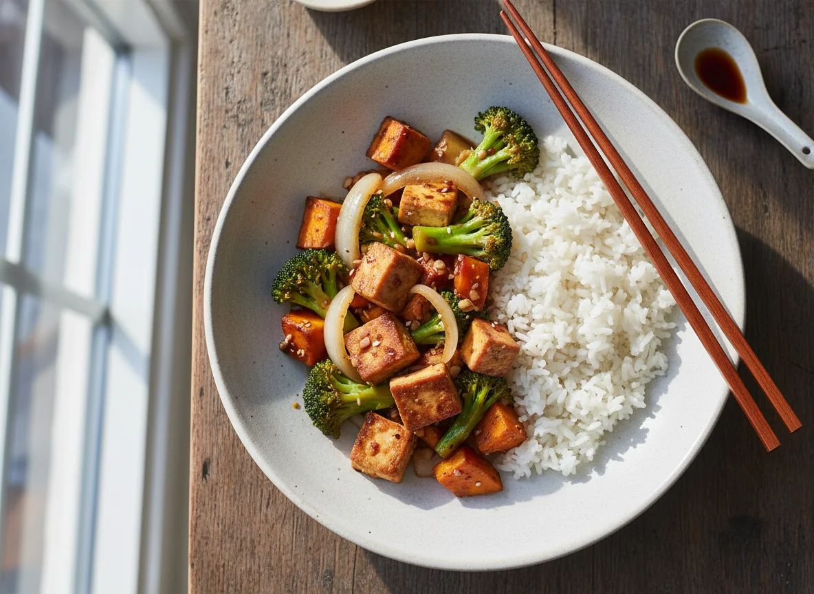 Tofu vegetable stir fry with rice photo