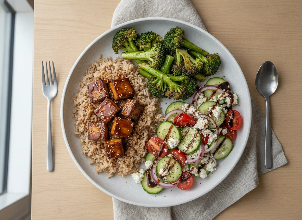 Tofu with Rice, Broccoli and Greek Salad photo